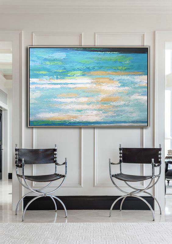 Abstract Painting Extra Large Canvas Art,Oversized Horizontal Abstract Landscape Art,Hand Painted Aclylic Painting On Canvas,Blue,Earthy Yellow,White.etc